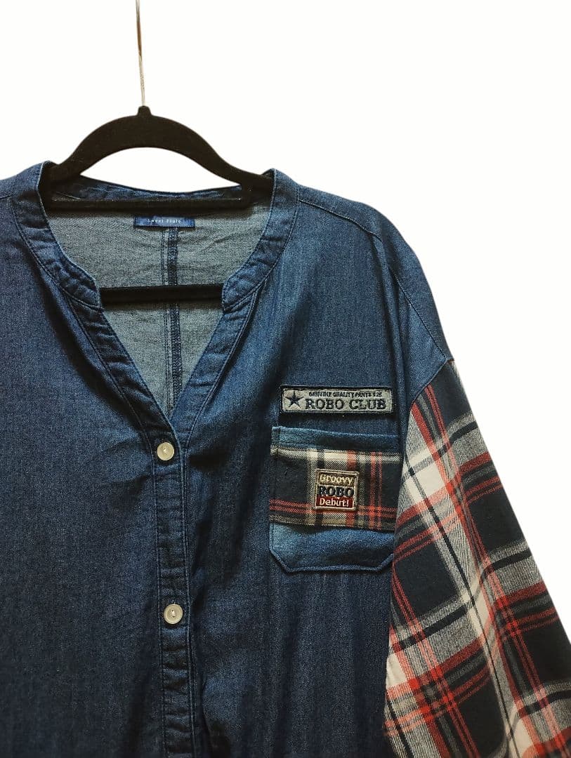 古着リメイク　ゆったり羽織れるデニムパッチワークワンピース　リメイクデニムシャツ