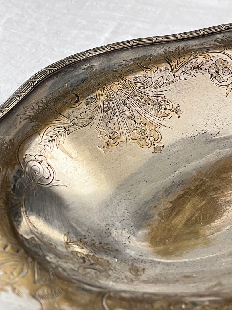 【美品】フランスアンティーク リボンモチーフ シルバー 大きなトレー[3675]