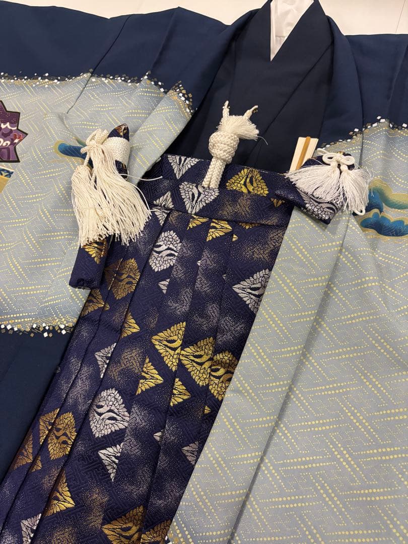 七五三　5歳男の子　着物・袴セット　明るい紺色　ブルーグレー　鷹　鼓