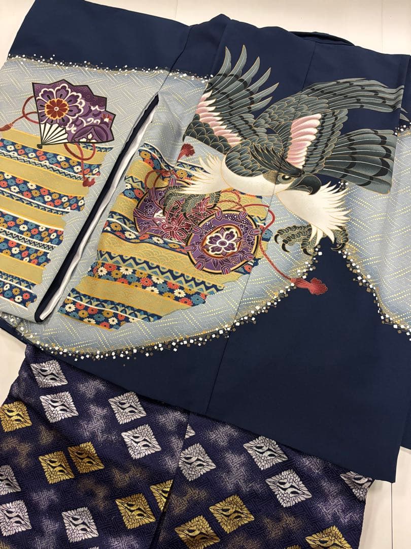 七五三　5歳男の子　着物・袴セット　明るい紺色　ブルーグレー　鷹　鼓