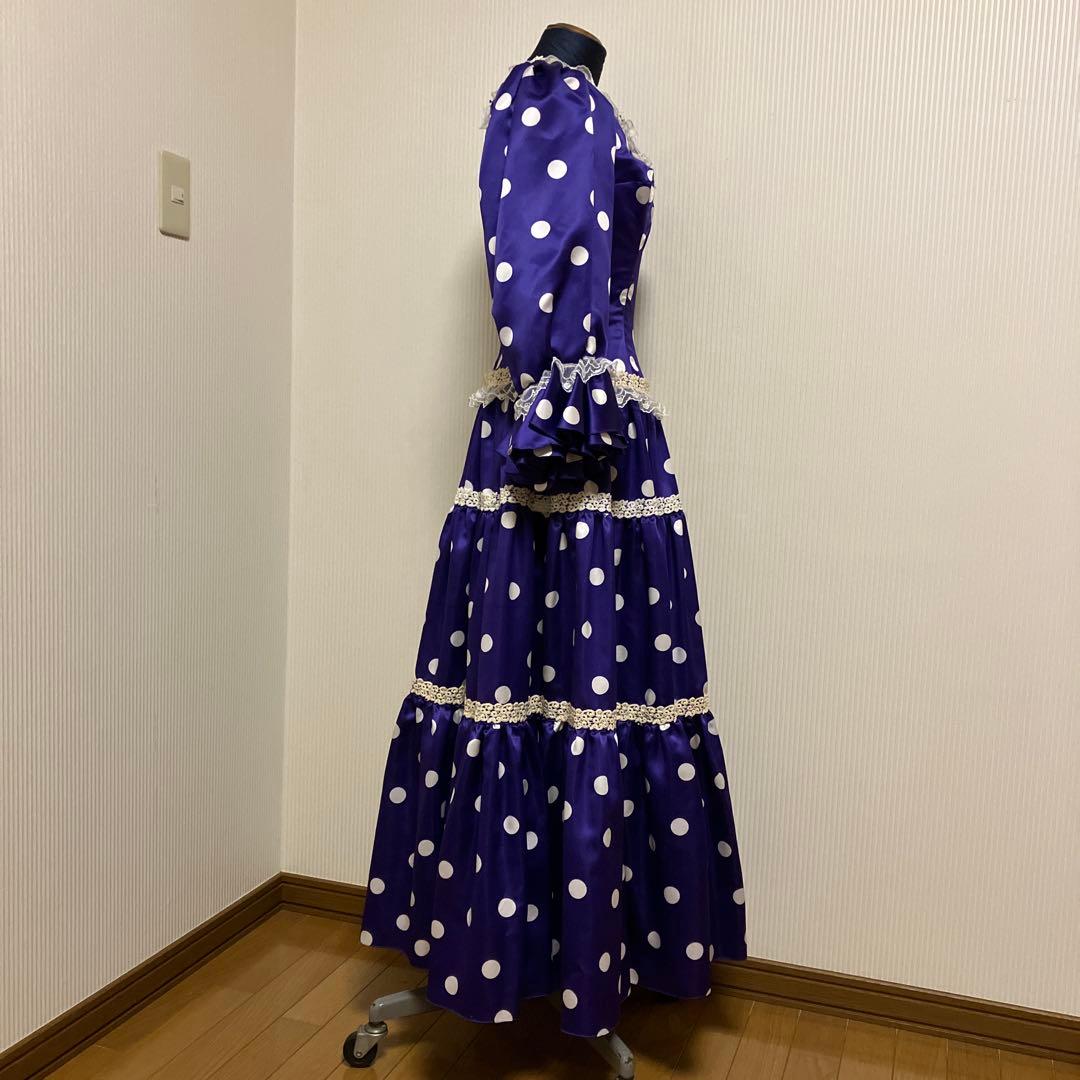 フラメンコドレス　紫色に白の水玉模様　スペイン製生地