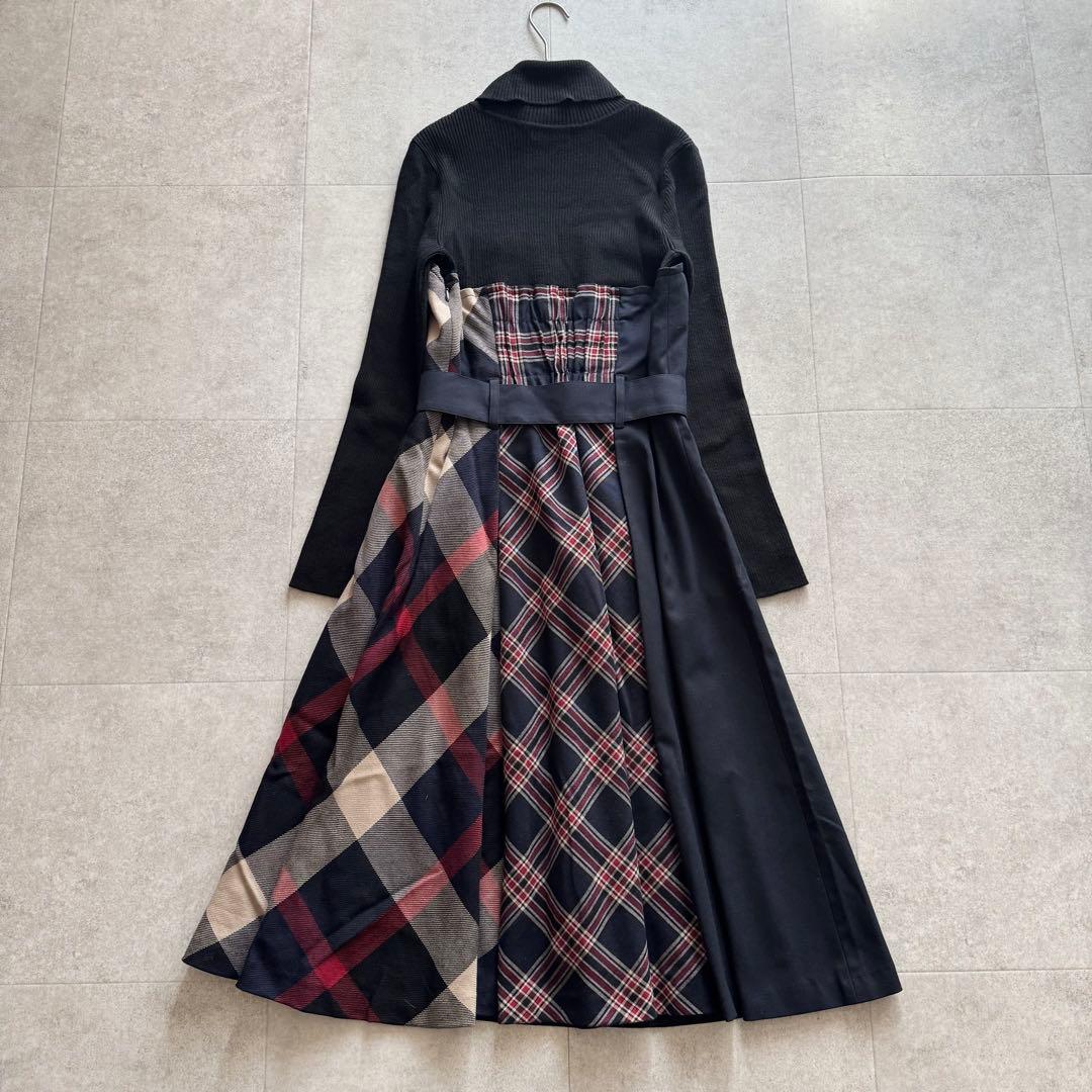 ブルーレーベルクリストブリッジ　ロングワンピース　ニット切替　黒　38　チェック