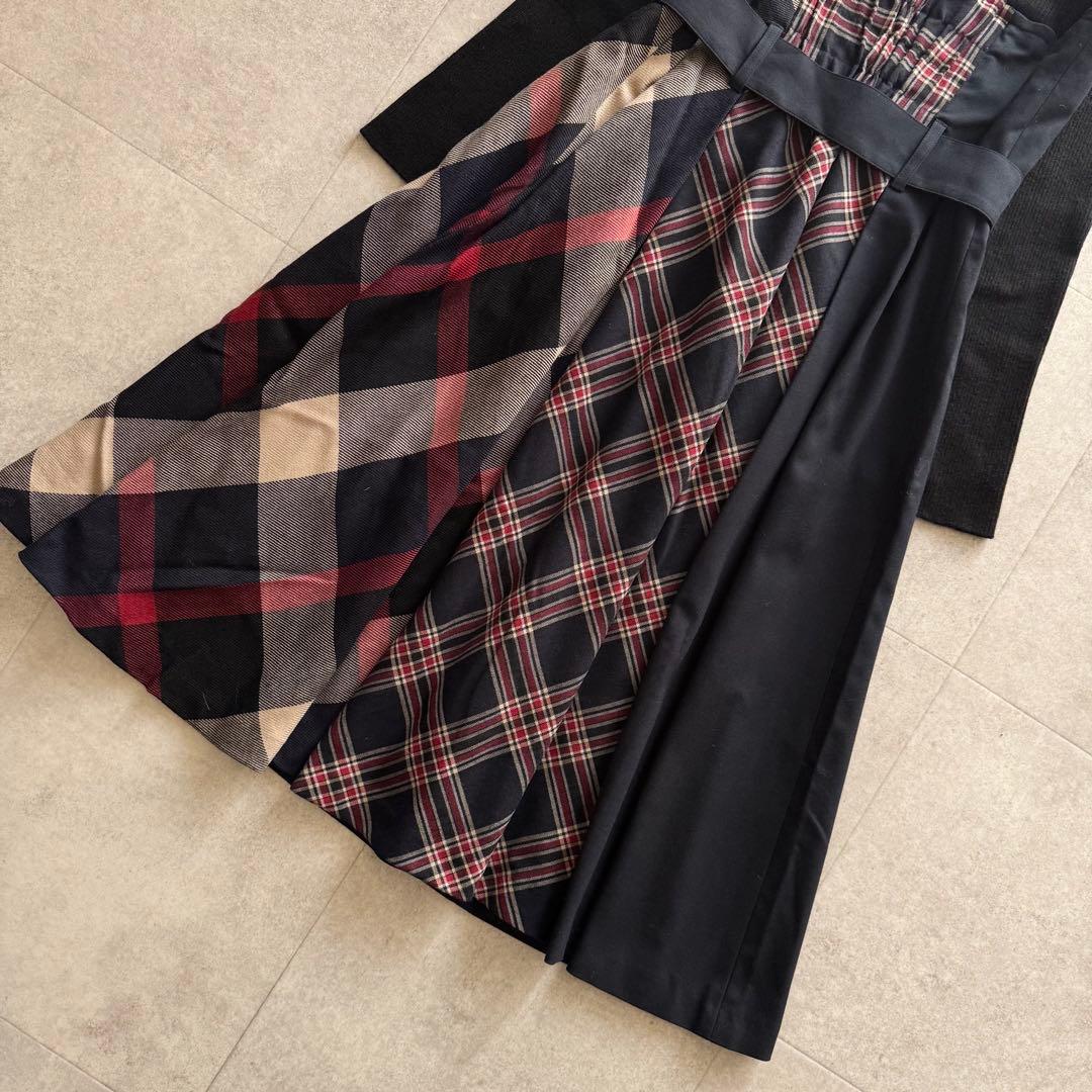 ブルーレーベルクリストブリッジ　ロングワンピース　ニット切替　黒　38　チェック