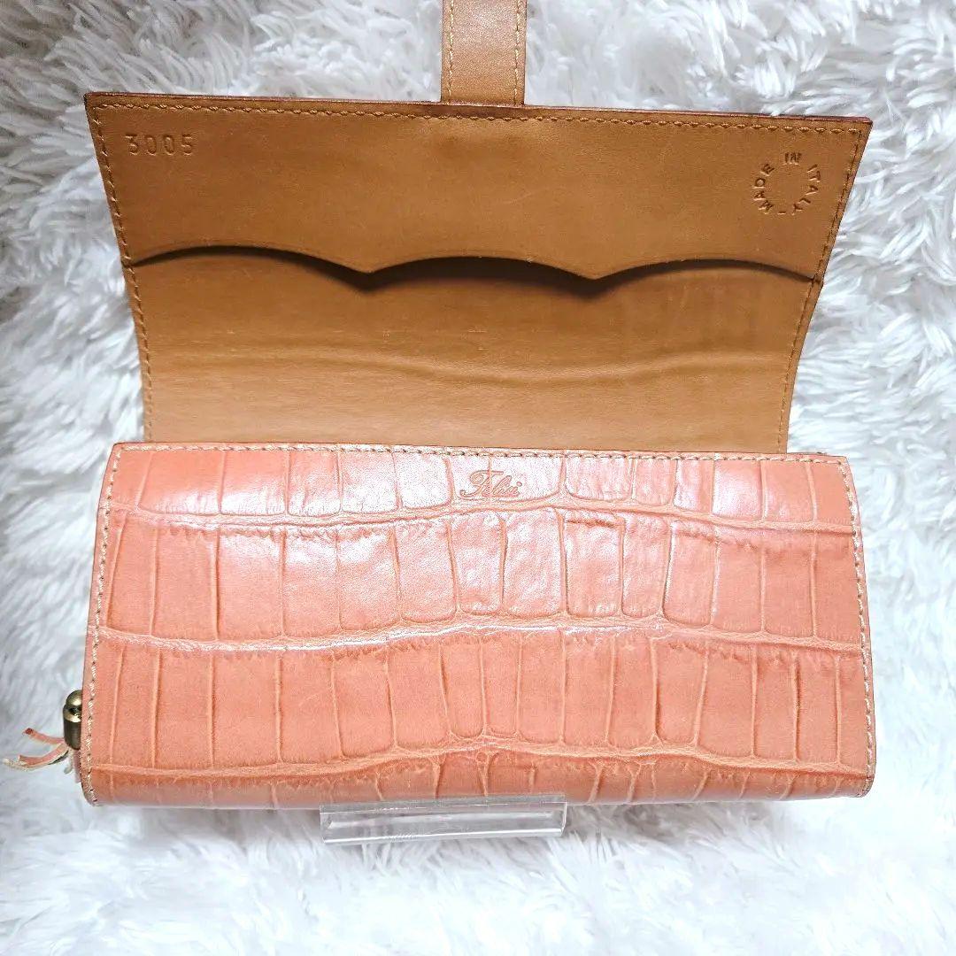 2/7限定☆フェリージ 長財布 クロコ型押し 本革 イタリア製 オレンジブラウン