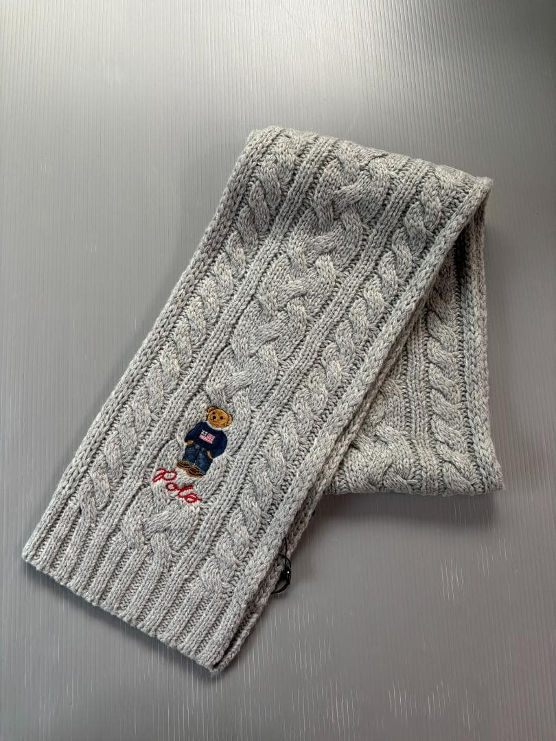 2025定番ベア新品タグ付きラルフローレンポロベアマフラーケーブルニットグレー