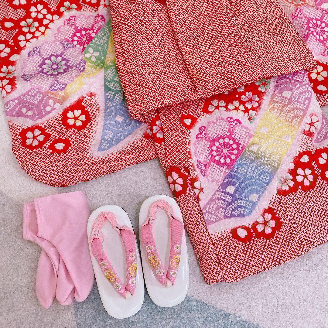 七五三 3歳 正絹 総絞り 被布 着物 バッグ 草履 髪飾り セット