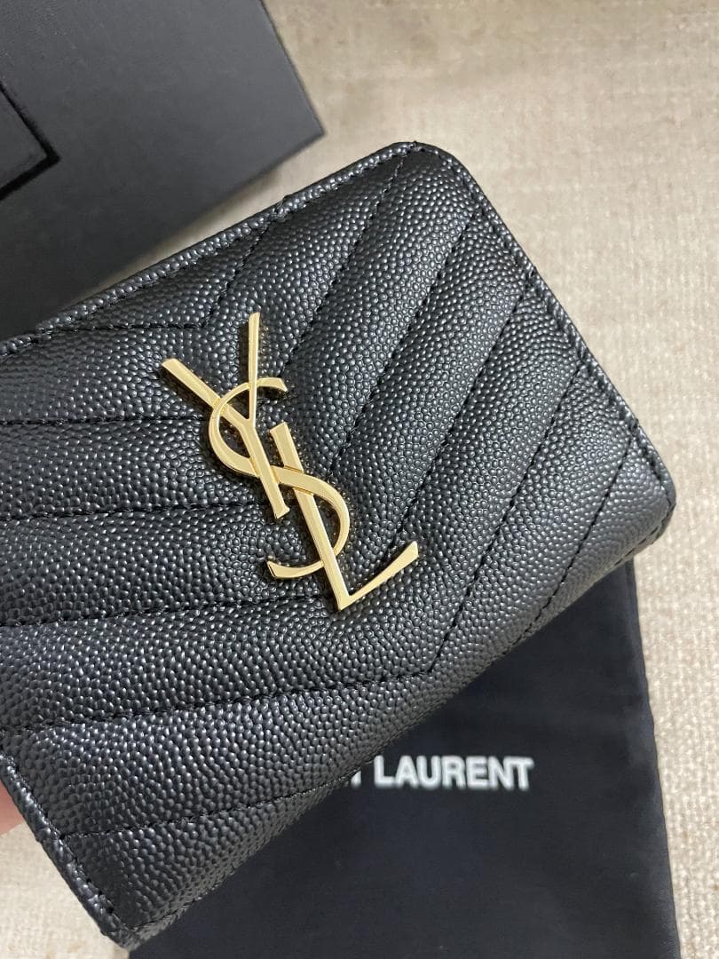 ブラック/綺麗 サンローラン 折り財布Saint Laurent ゴールド ロゴ