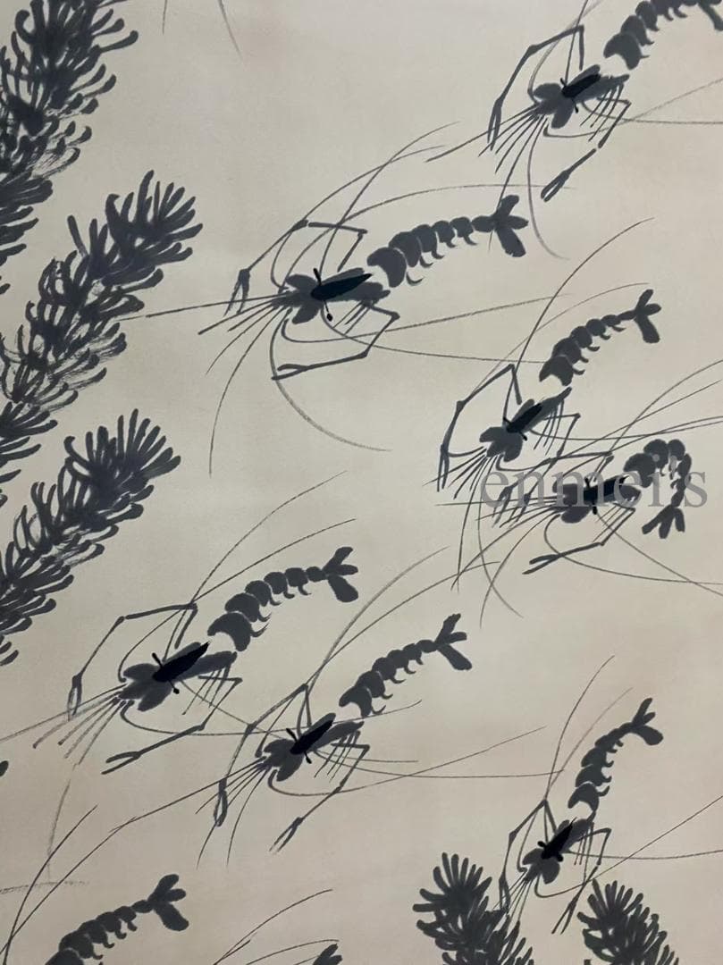 中国古美術 近代 齊白石款 エビ画 水墨画 掛け軸 宣紙 唐物 文房置物 手描き