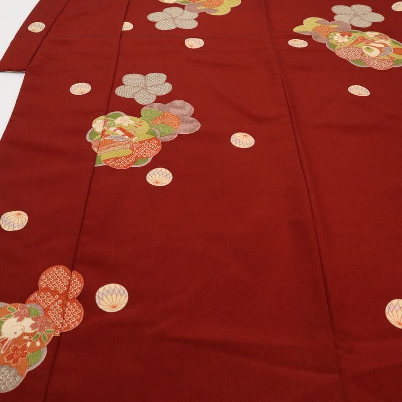 七五三 七歳 お子様着物 梅の花に吉祥文宝尽く 赤褐色 化繊 11RC4