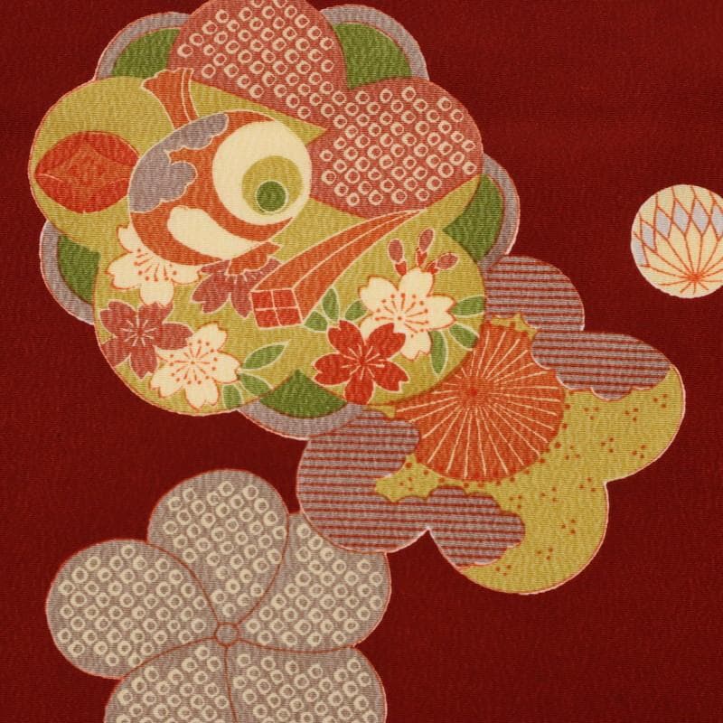 七五三 七歳 お子様着物 梅の花に吉祥文宝尽く 赤褐色 化繊 11RC4