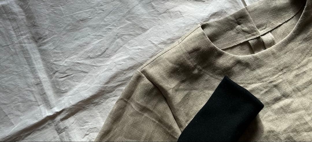 【一点・ゆきんこページ】しっかりめ ・亜麻色＊リブ袖口かっぽう着ワンピース