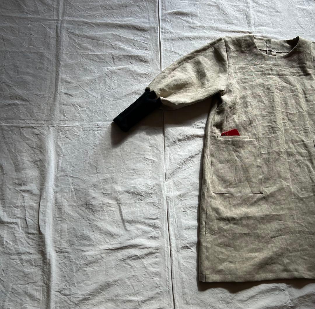 【一点・ゆきんこページ】しっかりめ ・亜麻色＊リブ袖口かっぽう着ワンピース