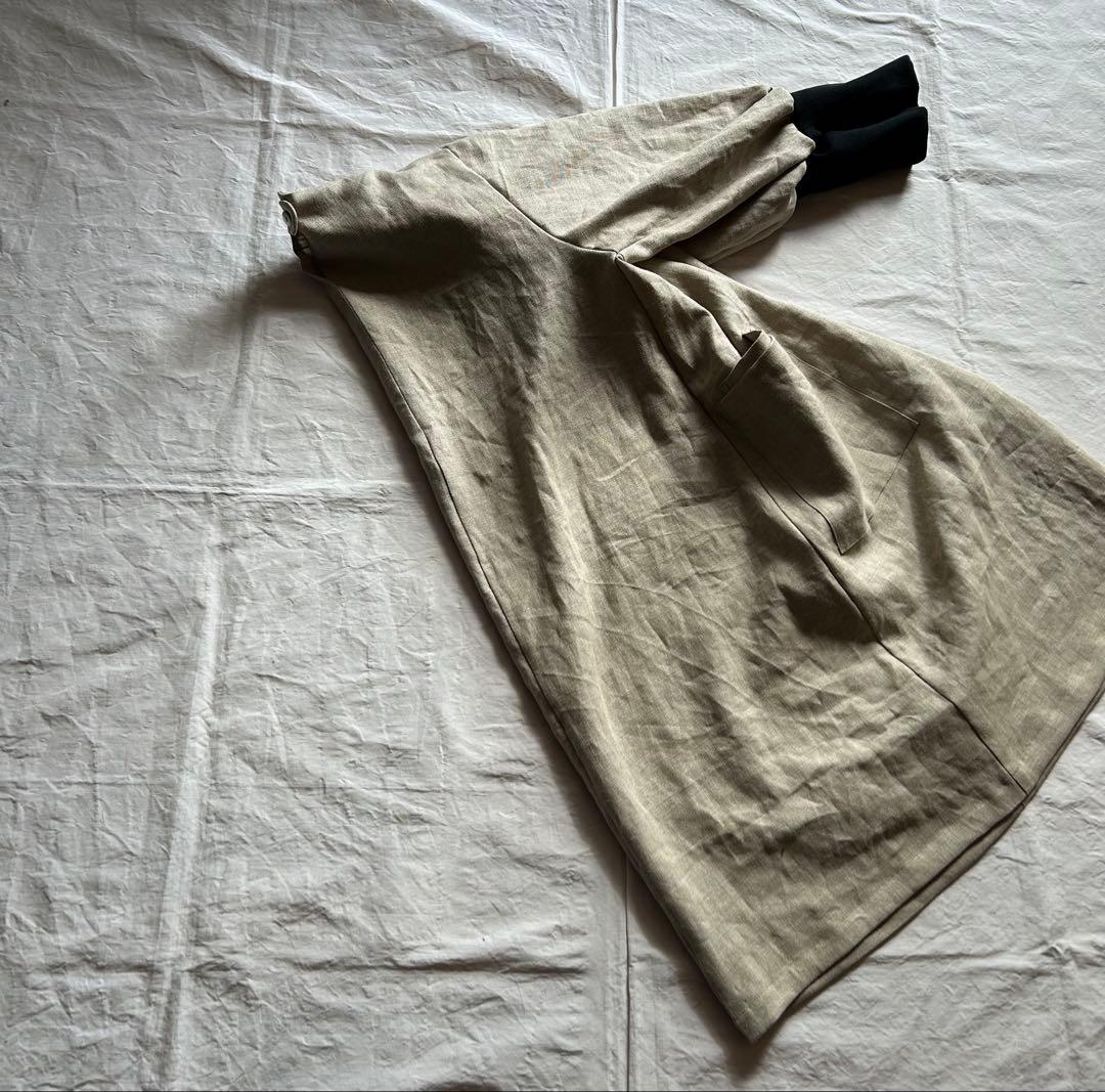 【一点・ゆきんこページ】しっかりめ ・亜麻色＊リブ袖口かっぽう着ワンピース