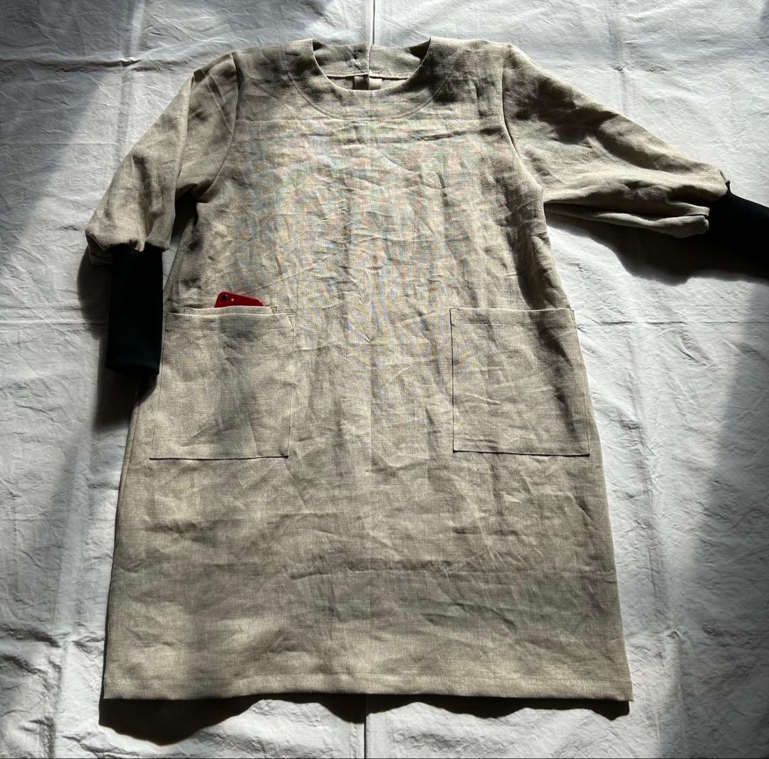 【一点・ゆきんこページ】しっかりめ ・亜麻色＊リブ袖口かっぽう着ワンピース