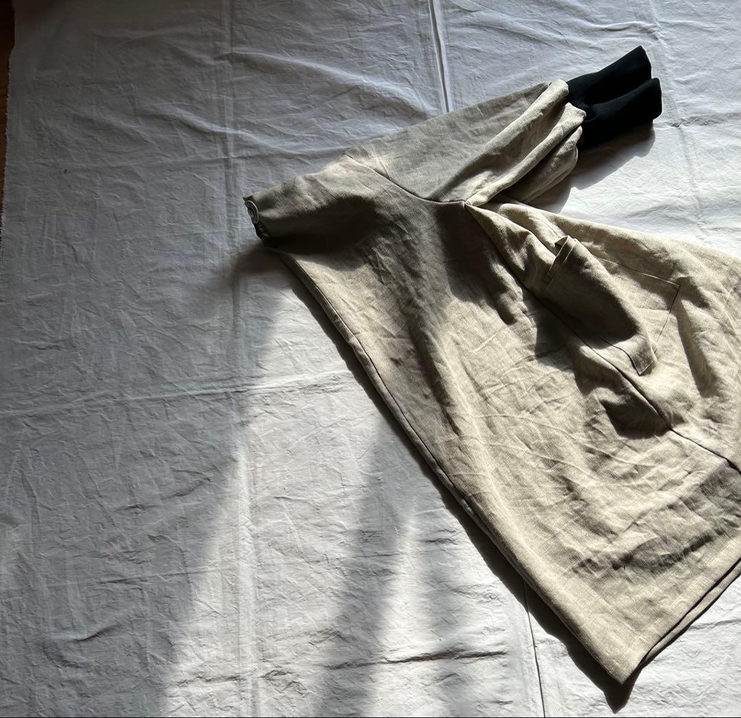 【一点・ゆきんこページ】しっかりめ ・亜麻色＊リブ袖口かっぽう着ワンピース