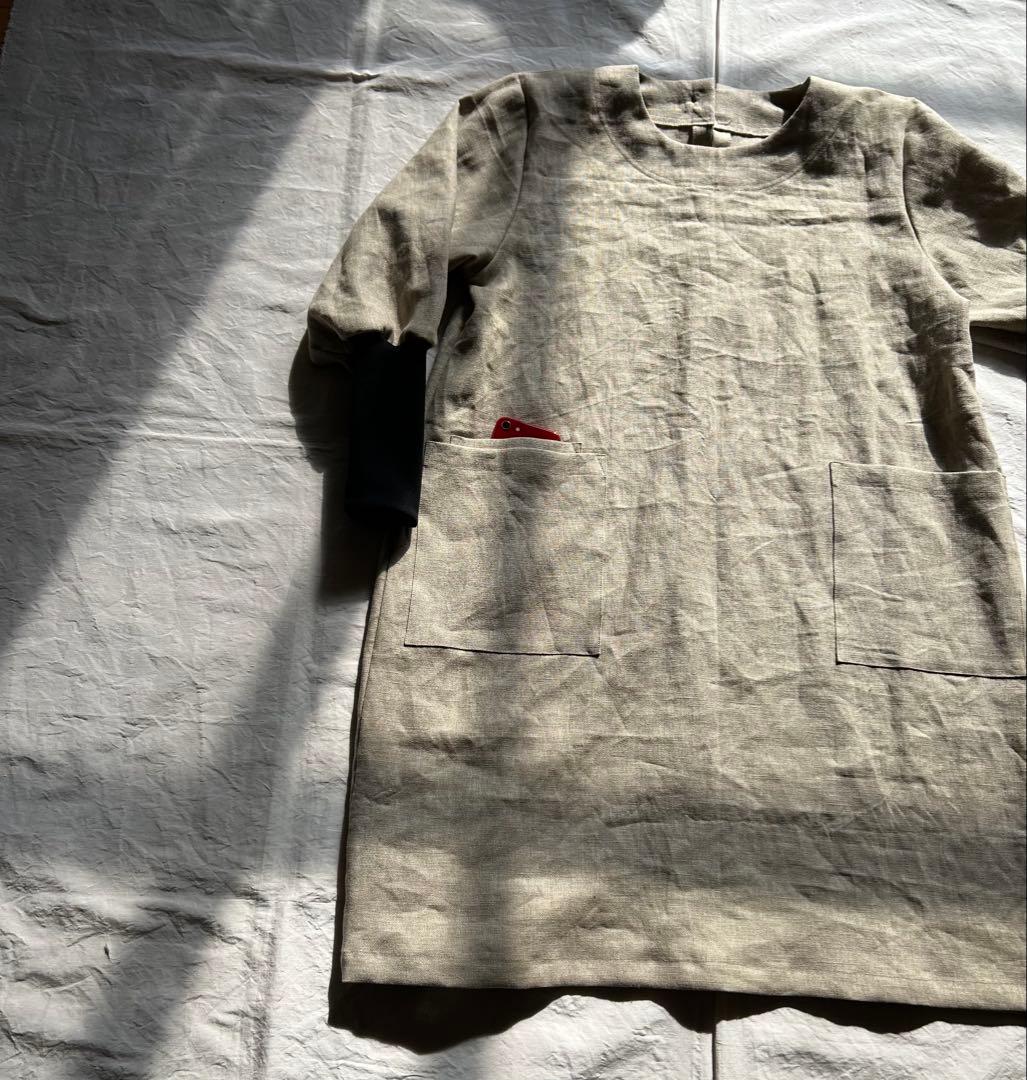 【一点・ゆきんこページ】しっかりめ ・亜麻色＊リブ袖口かっぽう着ワンピース