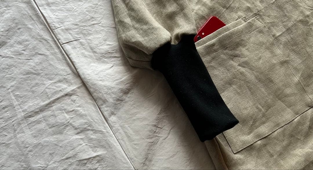 【一点・ゆきんこページ】しっかりめ ・亜麻色＊リブ袖口かっぽう着ワンピース