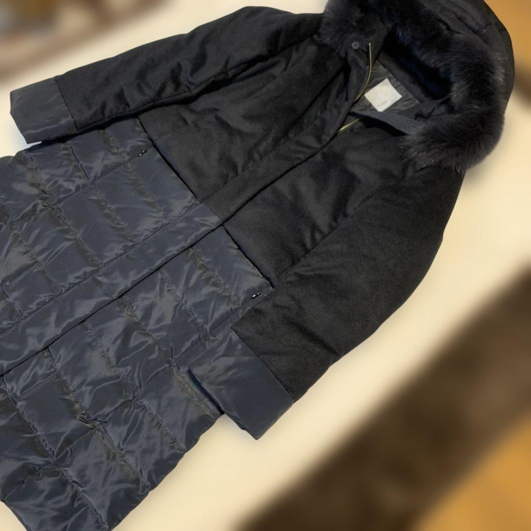 【美品】ダーマコレクションフード付きネイビー カシミヤダウンコート