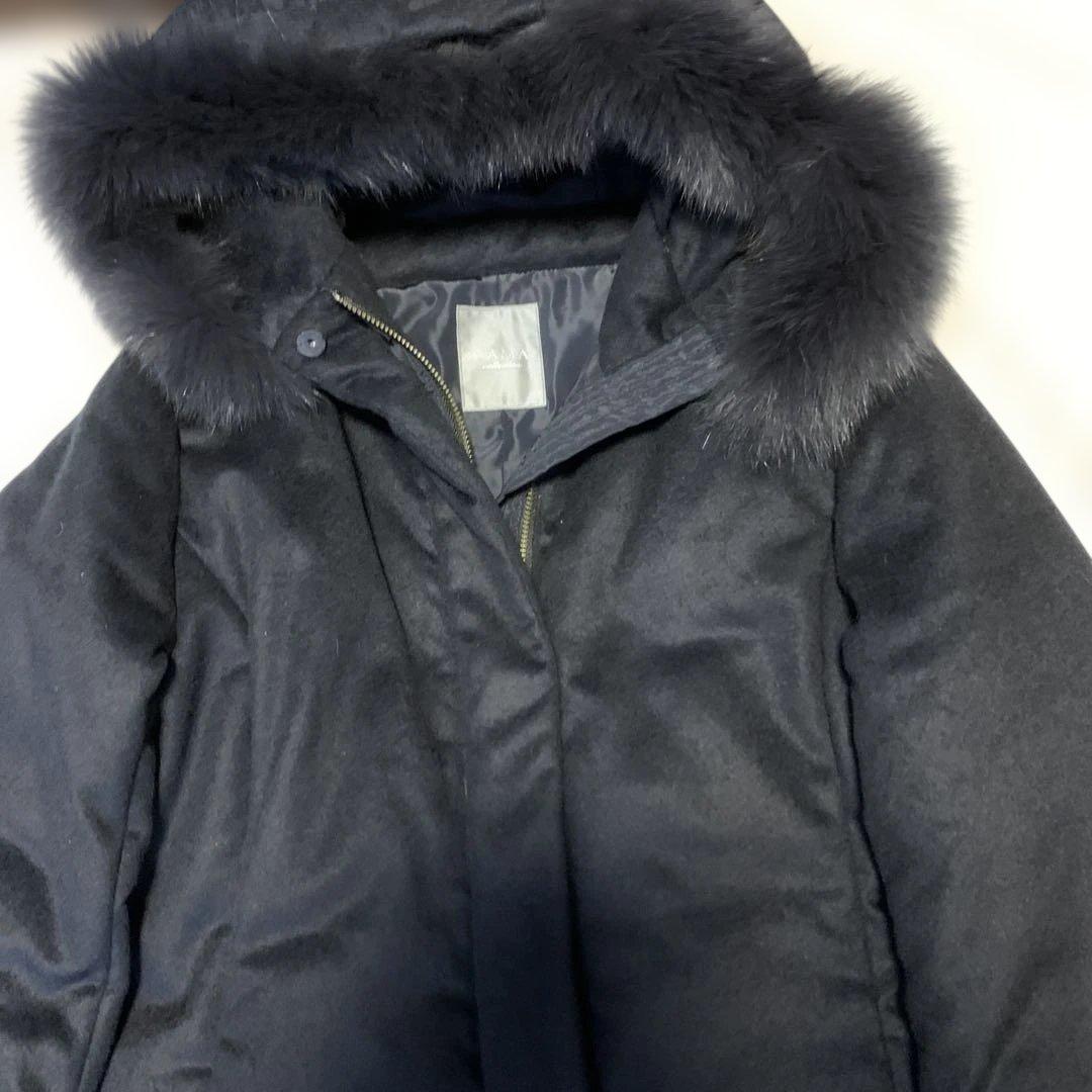 【美品】ダーマコレクションフード付きネイビー カシミヤダウンコート