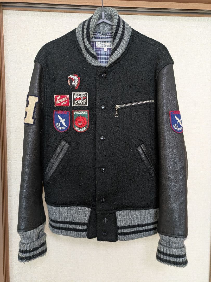 ハリウッドランチマーケット 袖革スタジャン　日本製　M 黒　刺繍