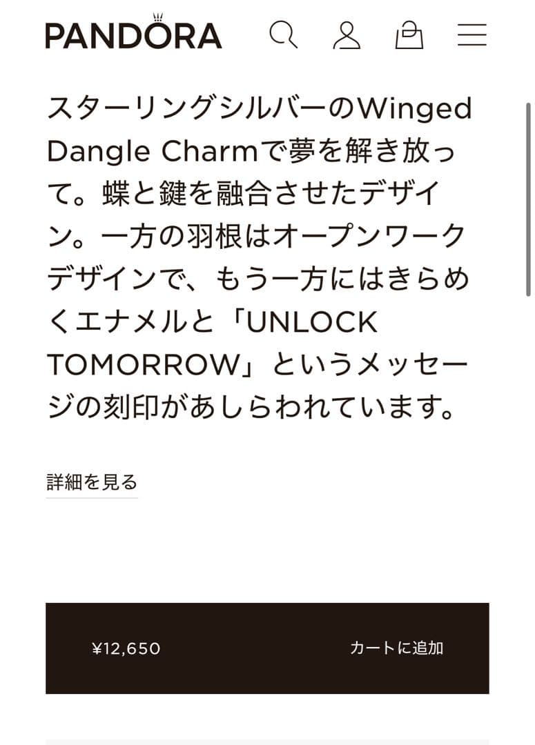 パンドラ　蝶　チャーム　Winged Dangle Charm