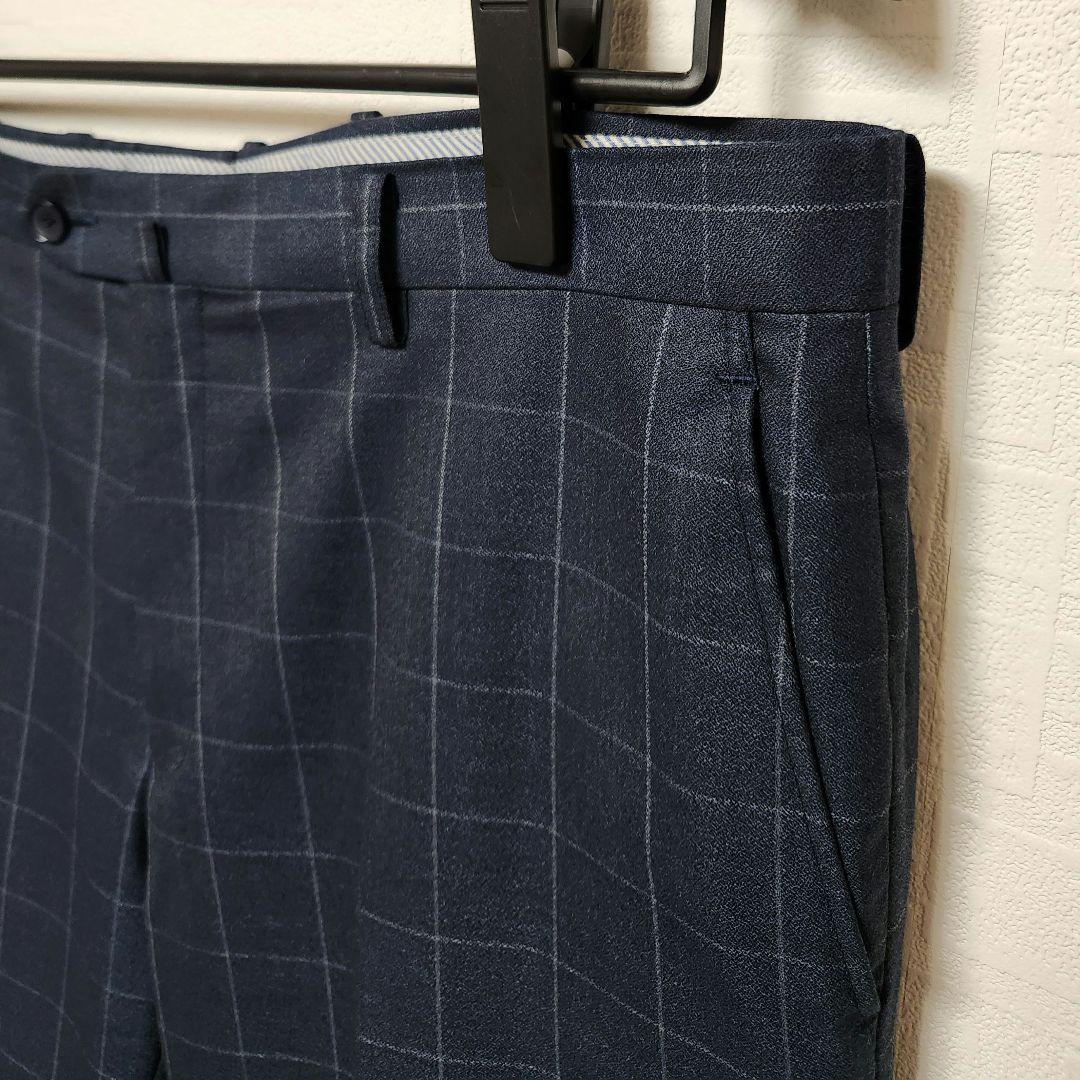 洋服の青山　パーソンズ　メンズスーツ　スリーピース　光沢　濃紺ブルー　チェック