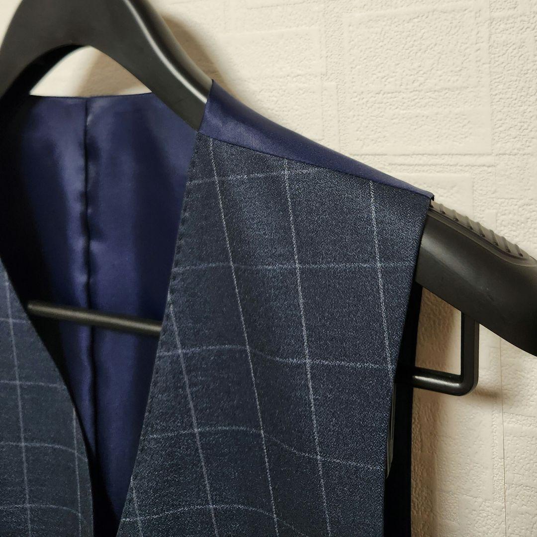 洋服の青山　パーソンズ　メンズスーツ　スリーピース　光沢　濃紺ブルー　チェック