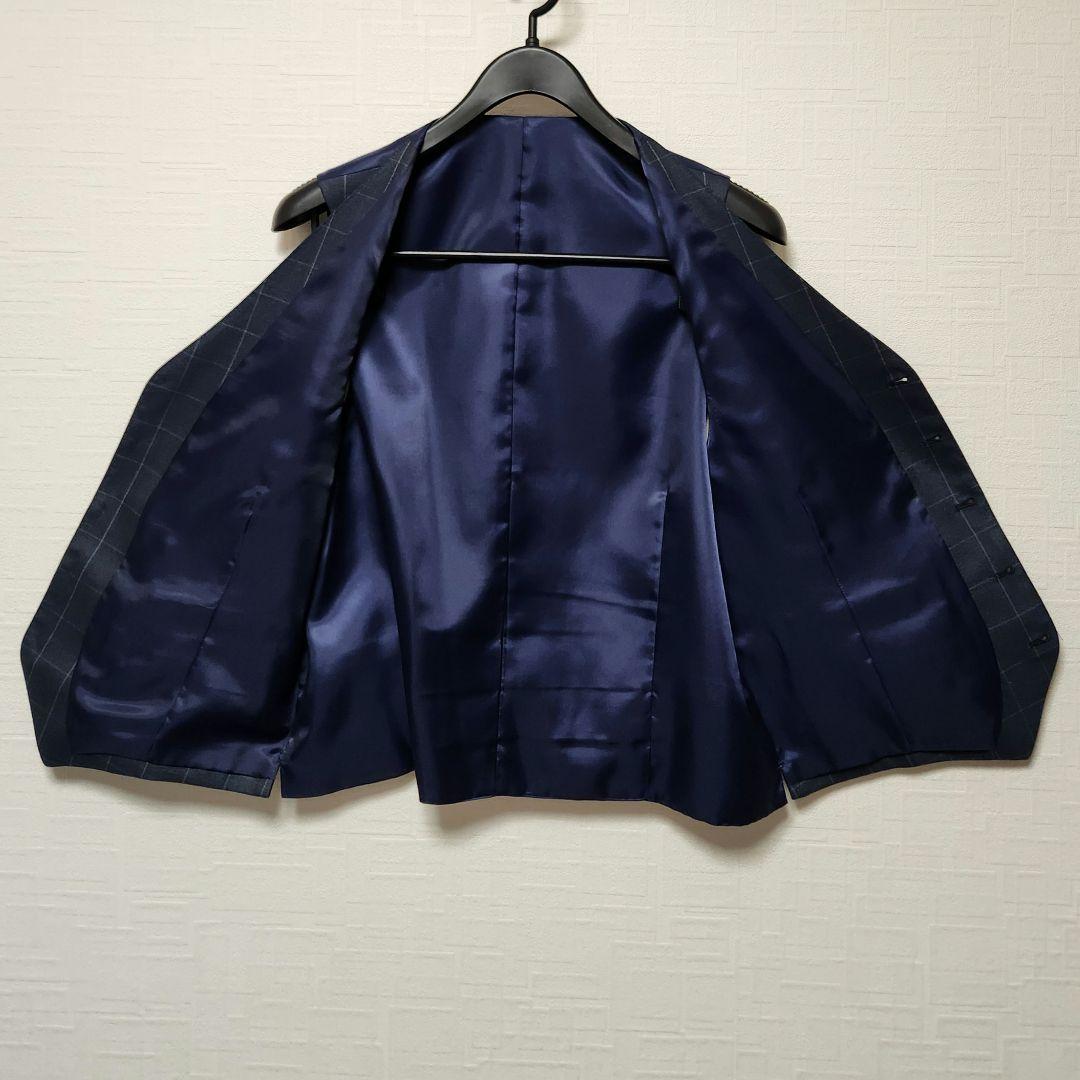 洋服の青山　パーソンズ　メンズスーツ　スリーピース　光沢　濃紺ブルー　チェック