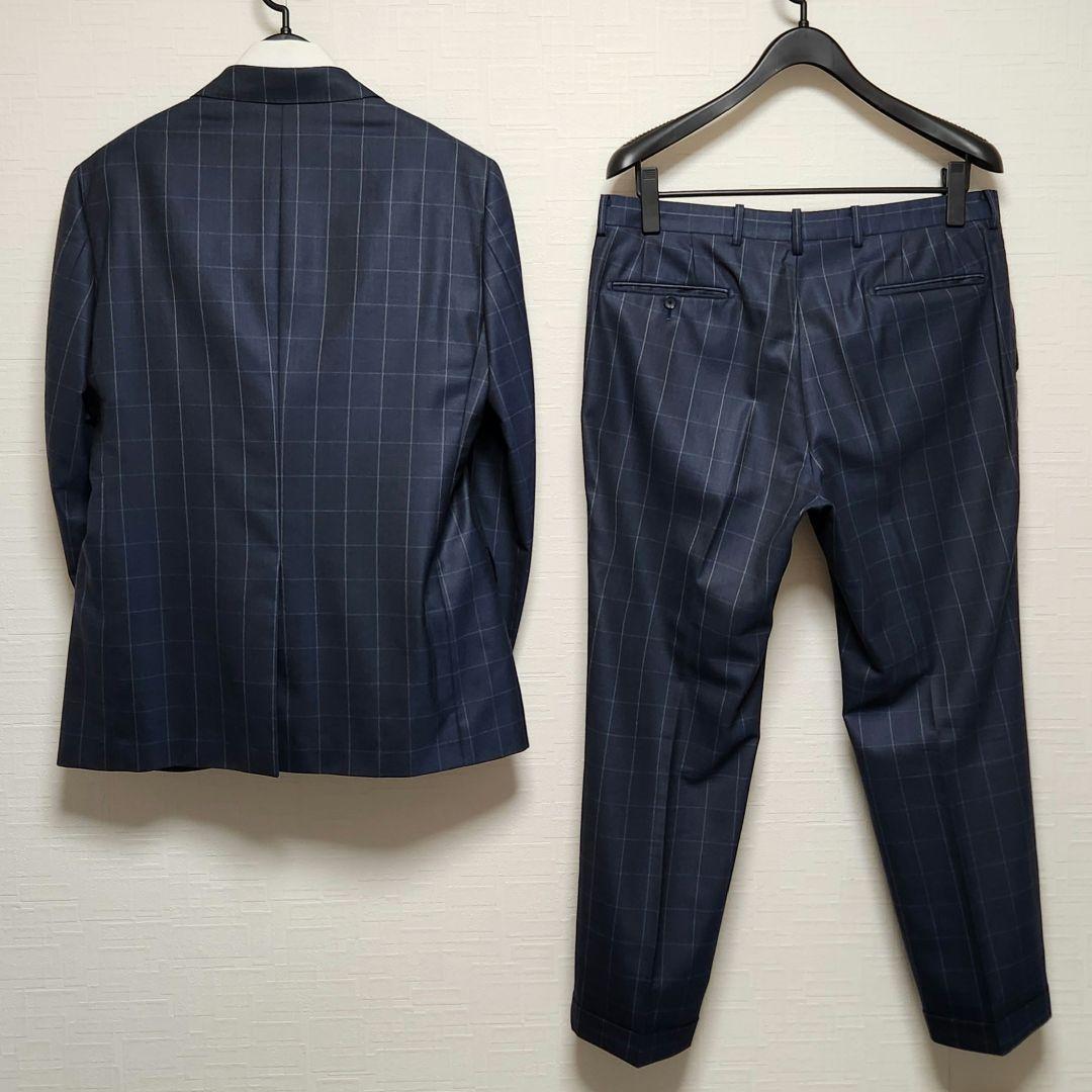 洋服の青山　パーソンズ　メンズスーツ　スリーピース　光沢　濃紺ブルー　チェック
