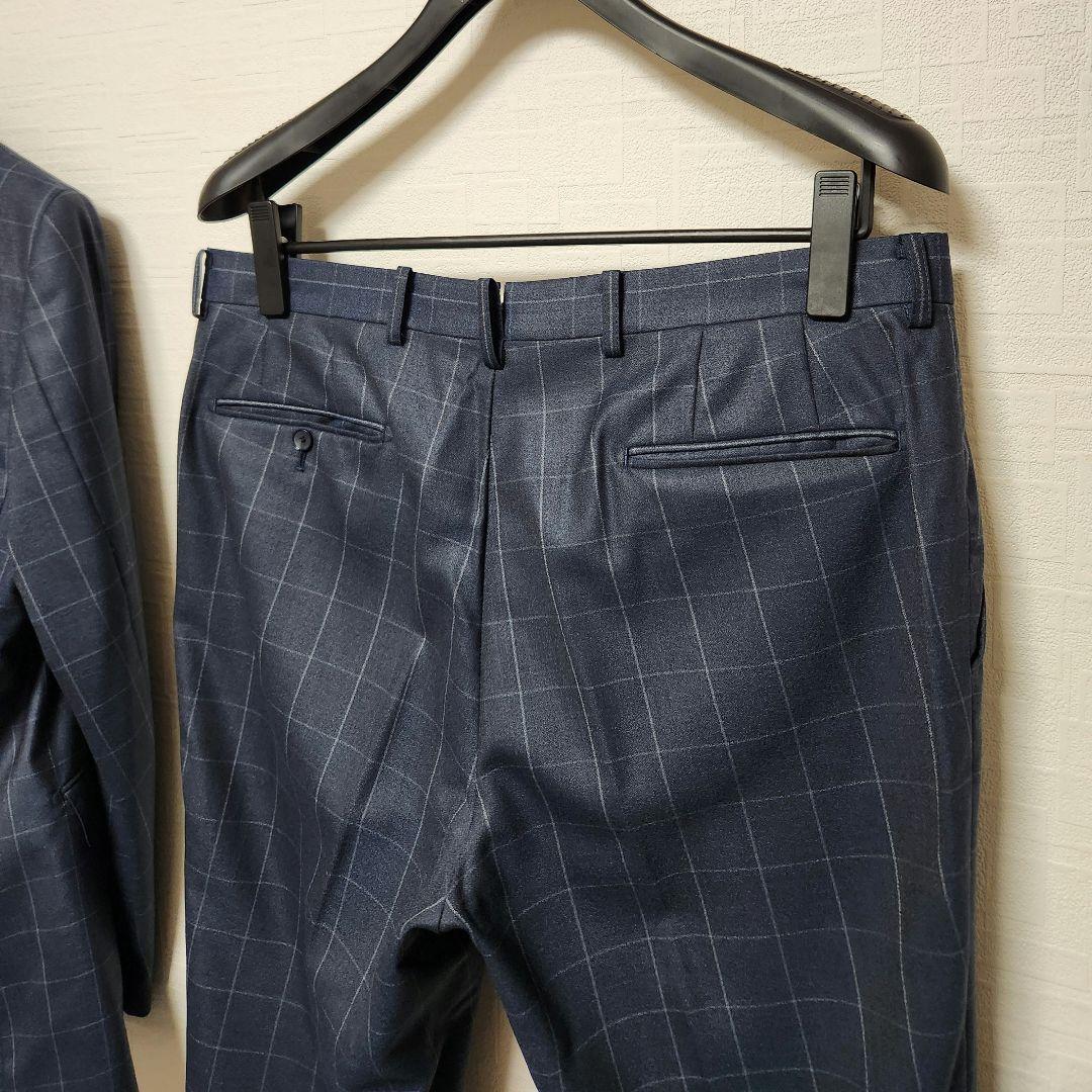 洋服の青山　パーソンズ　メンズスーツ　スリーピース　光沢　濃紺ブルー　チェック