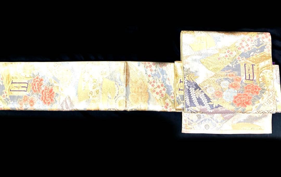 袋帯　ワンタッチ作り帯　マジックテープ　二重太鼓　付け帯【古典絵巻】金糸織