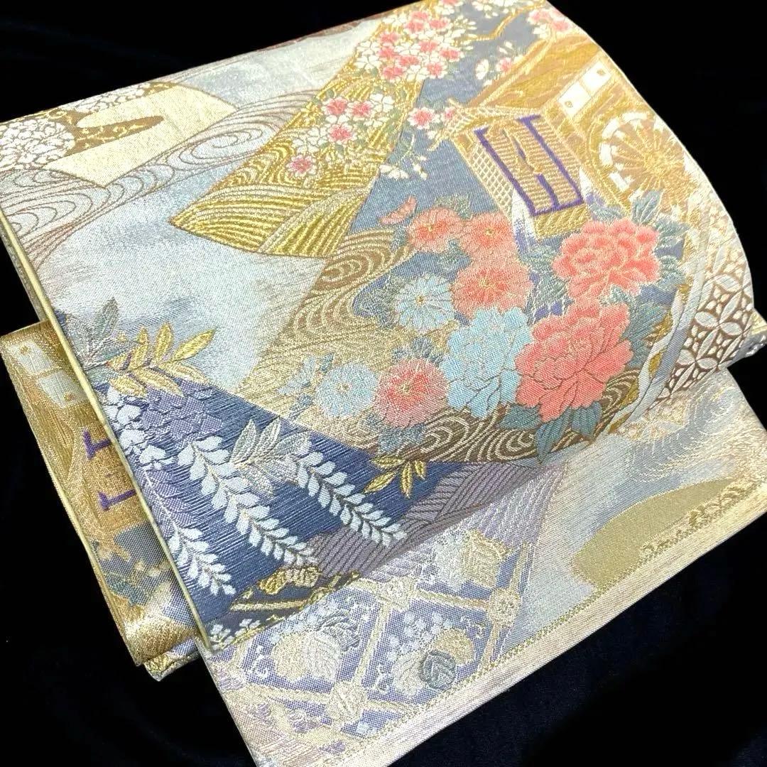 袋帯　ワンタッチ作り帯　マジックテープ　二重太鼓　付け帯【古典絵巻】金糸織