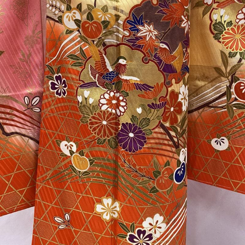 503ag3小物類◎七五三 七歳 女児 古典柄 金彩 着物&袋帯&長襦袢◎美品