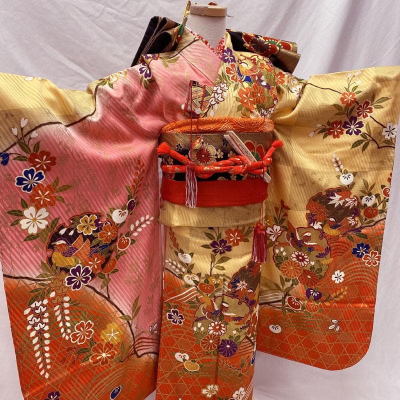 503ag3小物類◎七五三 七歳 女児 古典柄 金彩 着物&袋帯&長襦袢◎美品