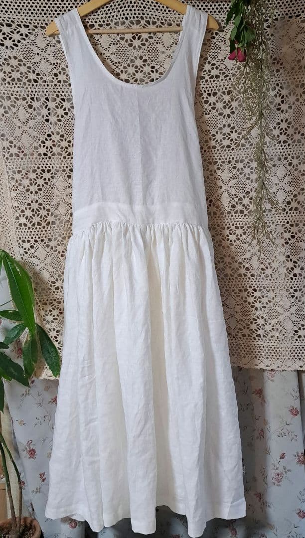 フレンチリネンギャザーたっぷりバッククロスエプロンドレス665