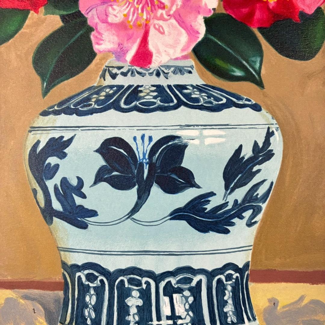 美品 田中春弥「明朝壺の椿寿華」リトグラフ 直筆サイン入り 解説書付 額縁入り