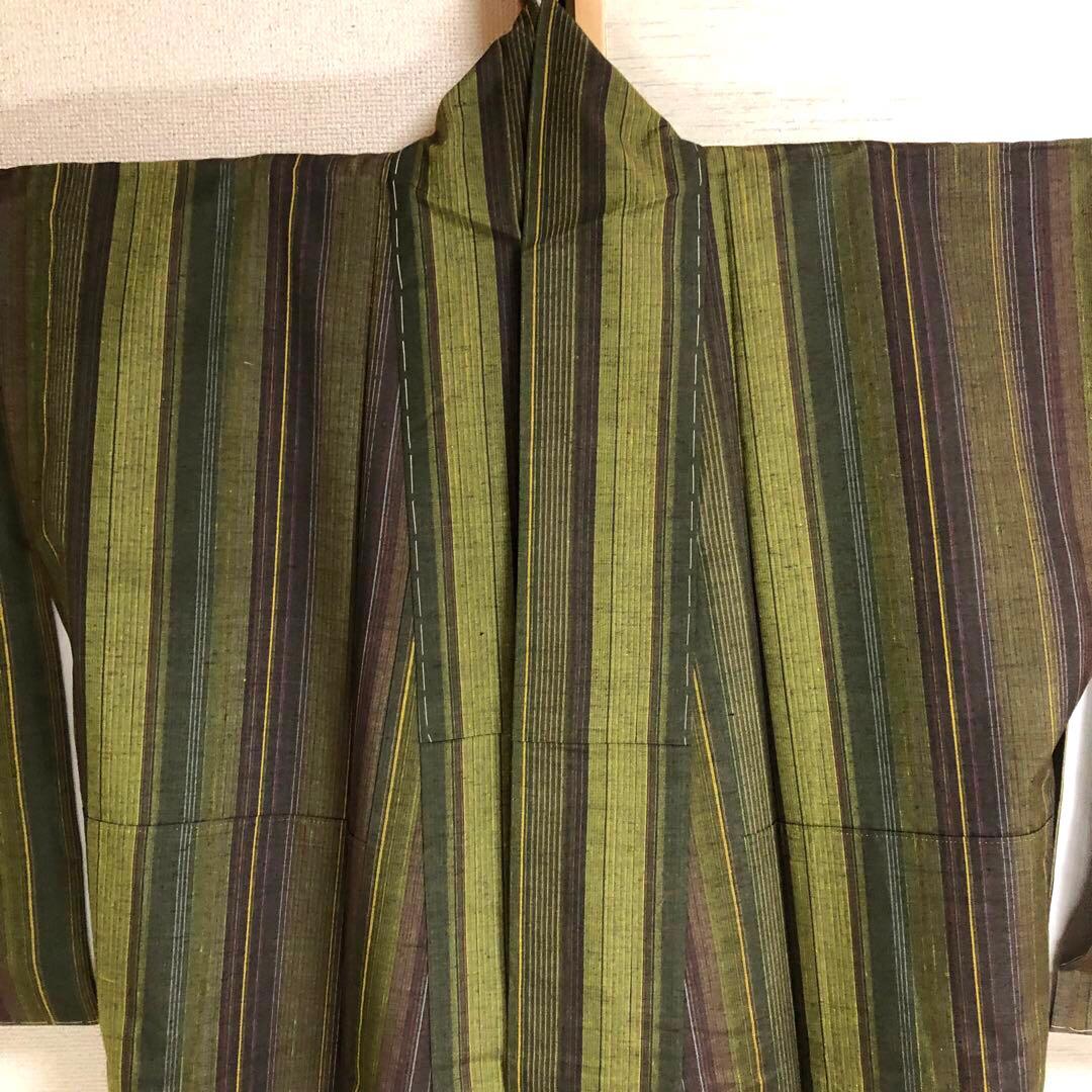 【未使用　トールサイズ】結城紬　縞　お袖長め　袷　裄丈72 身丈173