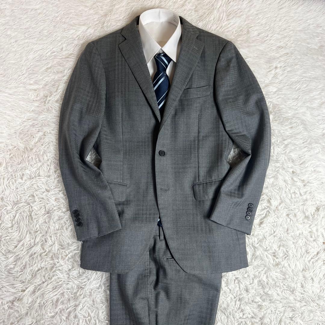 美品 リングジャケット セットアップスーツ チェック格子柄 グレー 44