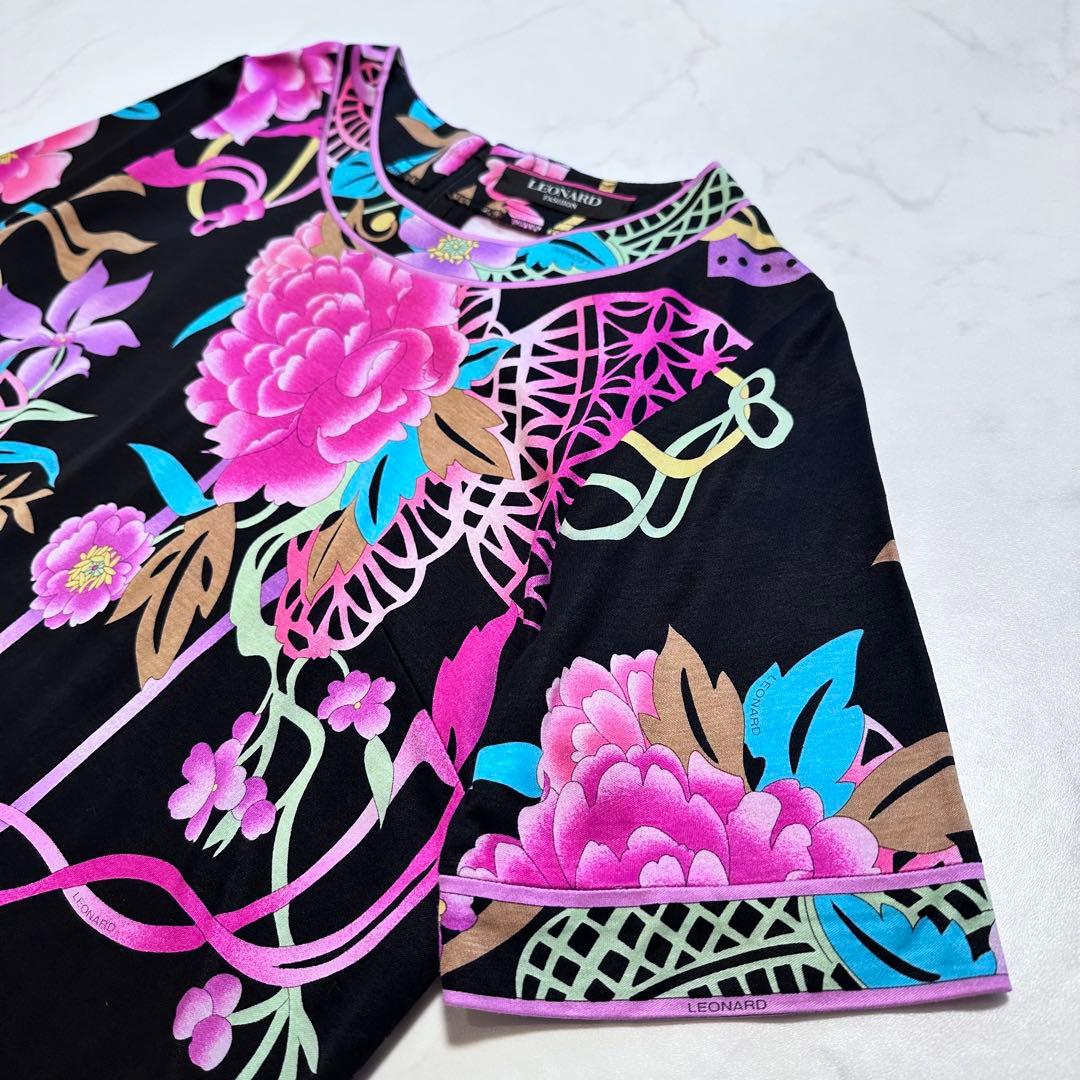 希少 XL✨LEONARD カットソー トリム 総柄 花柄 LL 黒 ピンク