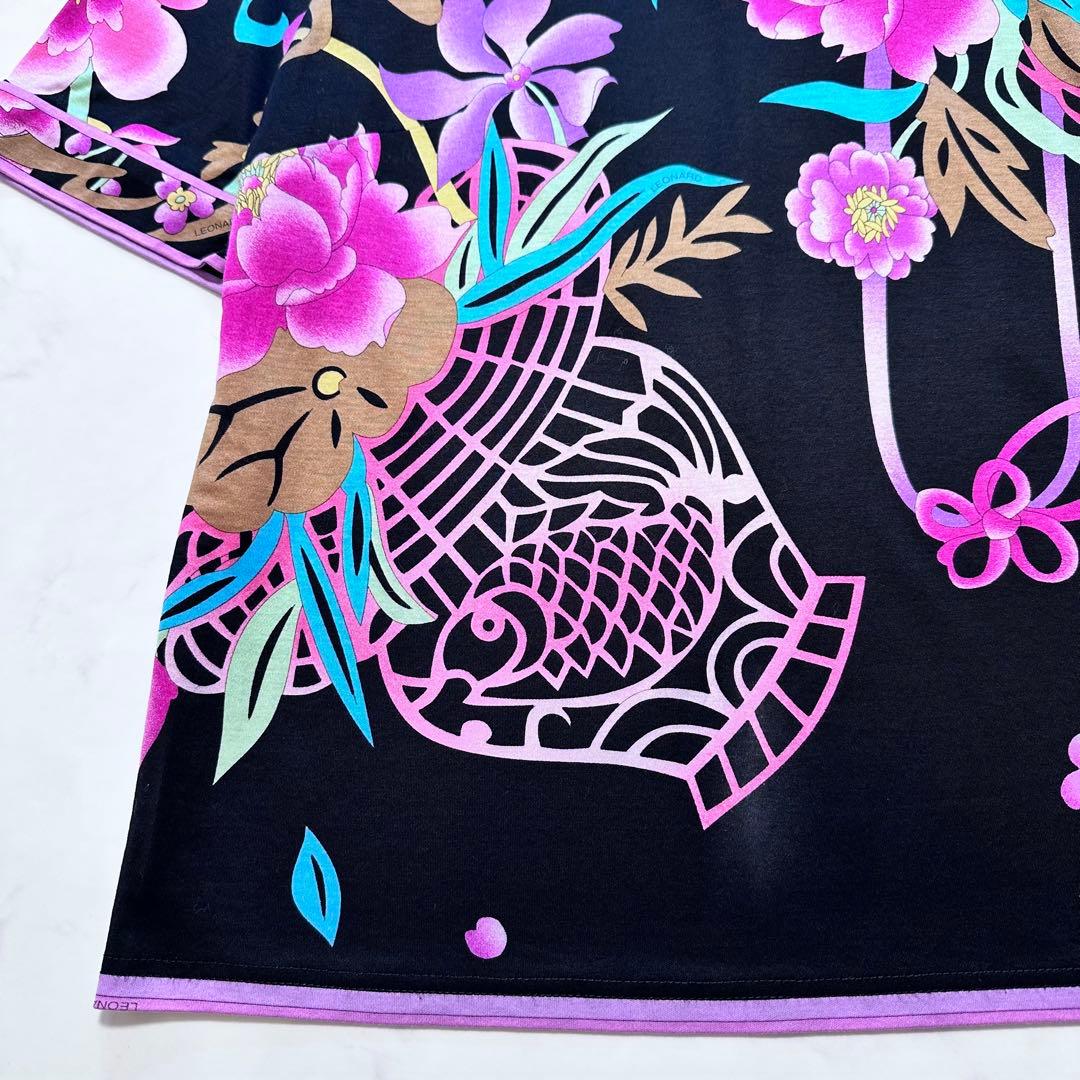 希少 XL✨LEONARD カットソー トリム 総柄 花柄 LL 黒 ピンク