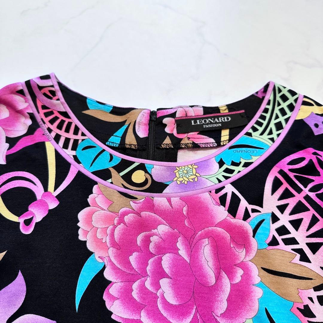 希少 XL✨LEONARD カットソー トリム 総柄 花柄 LL 黒 ピンク