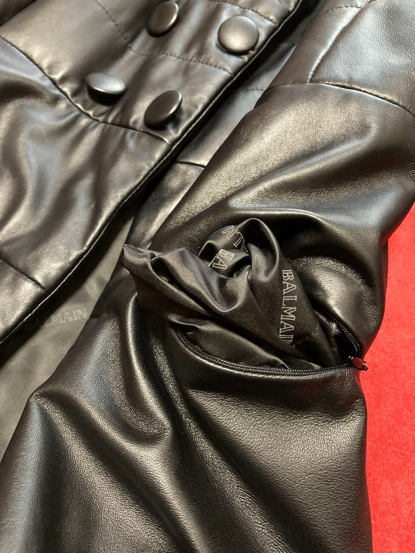 バルマン　ラムレザーロングコート　ダブル