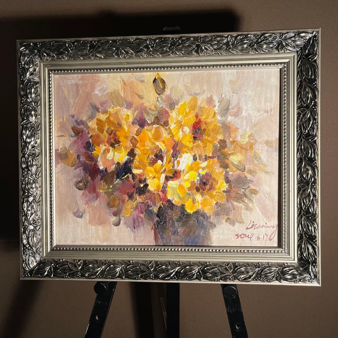 ★秀作★ 手書き油絵 花瓶の花 額付 絵画 インテリア 油彩画