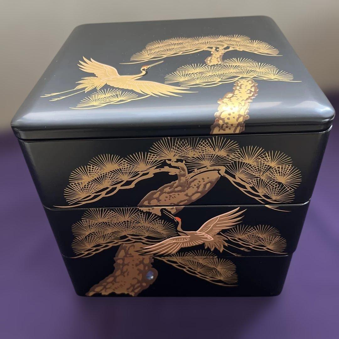 【新品未使用】 木製　漆器　重箱3段　松　鶴　金色　螺鈿