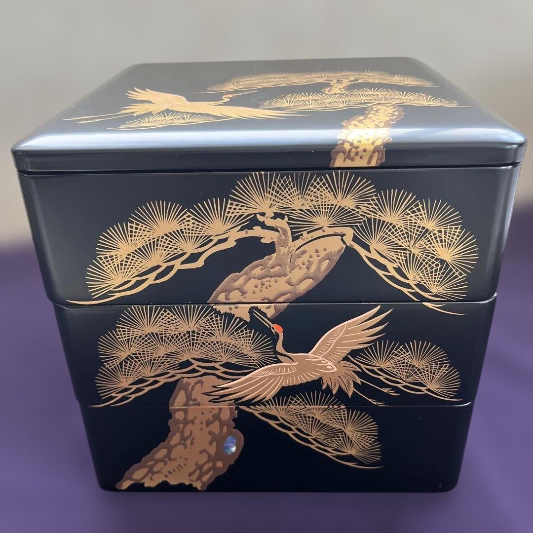 【新品未使用】 木製　漆器　重箱3段　松　鶴　金色　螺鈿