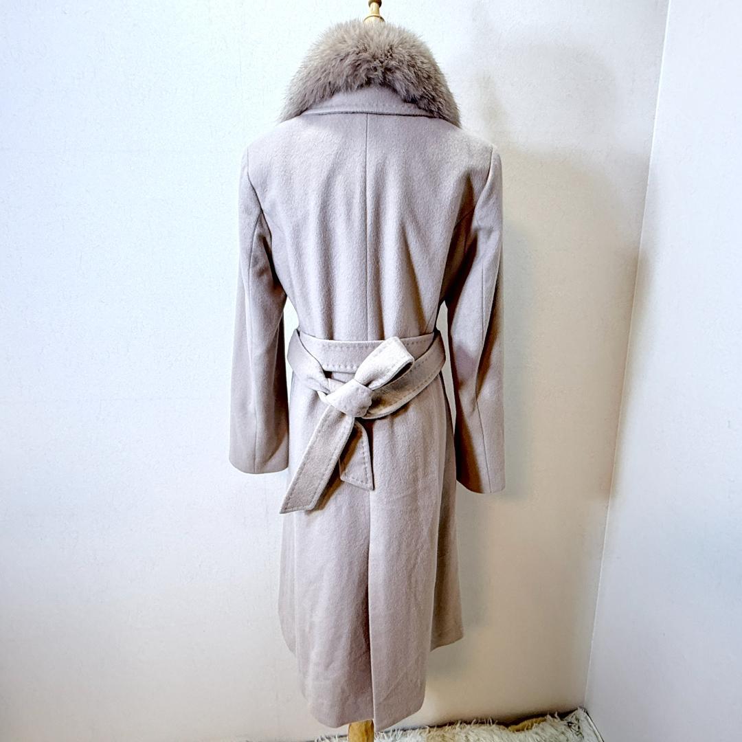 美品AKT&TMカシミヤ100ロングコートブルーフォックスファー襟ベージュ