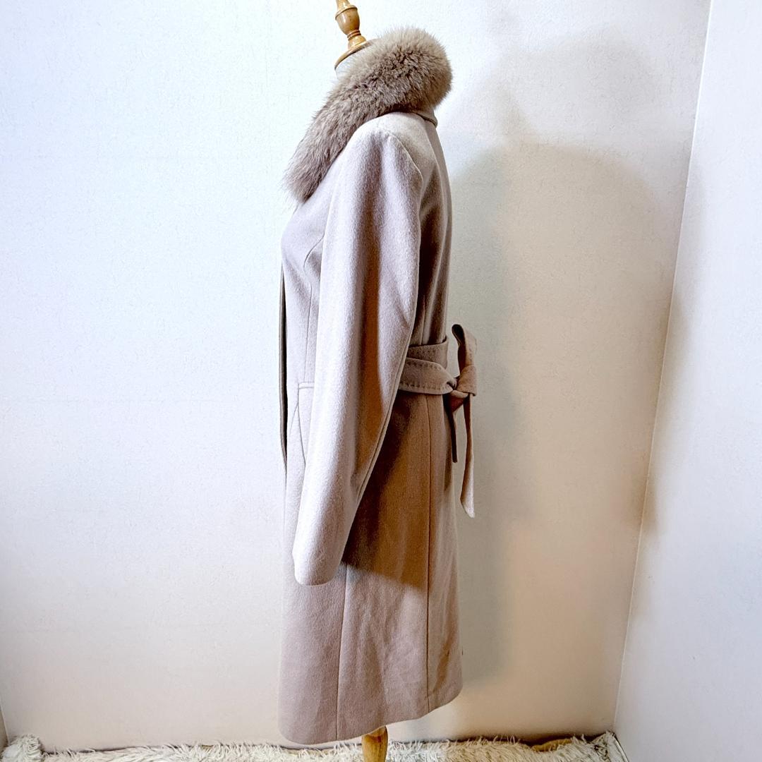 美品AKT&TMカシミヤ100ロングコートブルーフォックスファー襟ベージュ