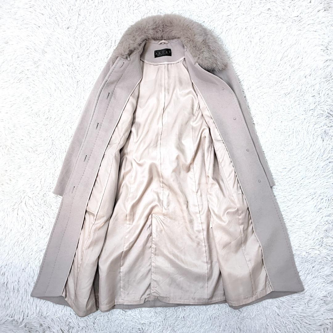 美品AKT&TMカシミヤ100ロングコートブルーフォックスファー襟ベージュ