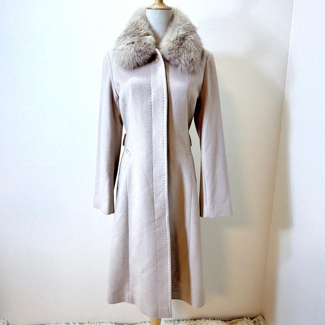 美品AKT&TMカシミヤ100ロングコートブルーフォックスファー襟ベージュ