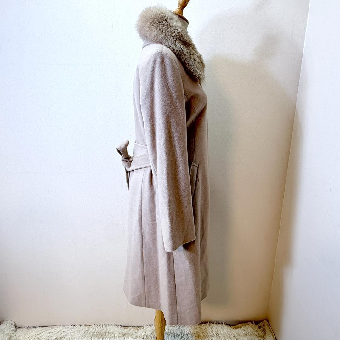 美品AKT&TMカシミヤ100ロングコートブルーフォックスファー襟ベージュ